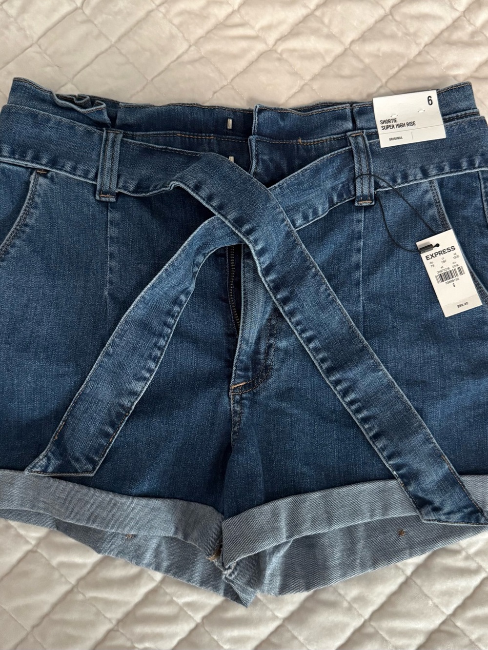 Express Dark Blue High-Rise Denim Shorts with Self-Tie Belt